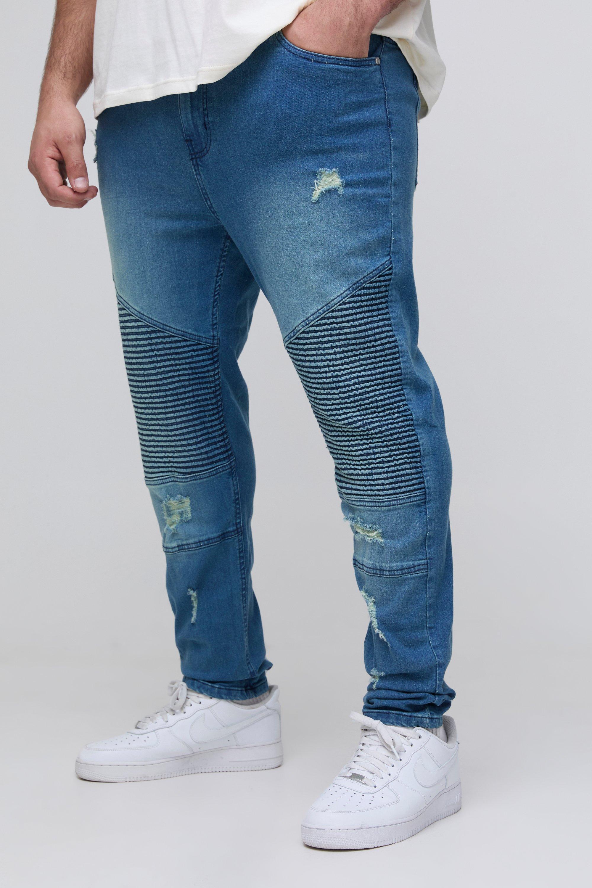 Mens Blue Plus Distressed Super Skinny Biker Jeans, Blue